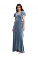 Flutter Sleeves V-Neck Stretch Velvet Dusty Blue Long Black Tie Evening Gown / Prom Dress / Bridesmaid Dress Adelaide