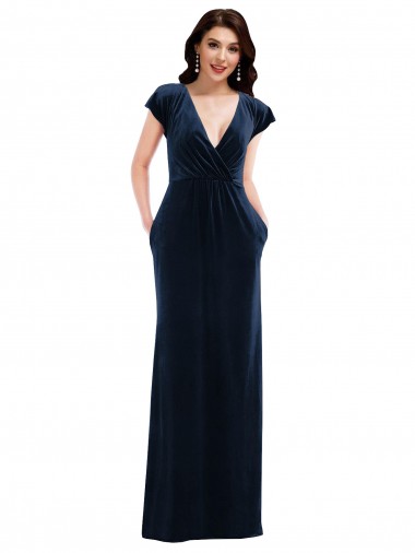 Flutter Sleeves V-Neck Stretch Velvet Dark Navy Long Formal Dress / Bridesmaid Dress Adelaide