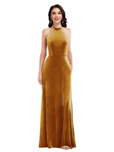 Sleeveless High Neck Stretch Velvet Gold Long Semi Formal Evening Dress / Prom Dress / Bridesmaid Dress Adelaide
