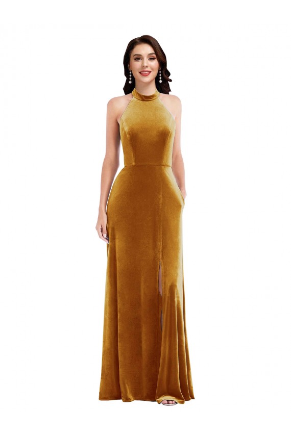 Sleeveless High Neck Stretch Velvet Gold Long Semi Formal Evening Dress / Prom Dress / Bridesmaid Dress Adelaide