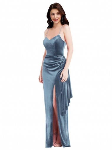 Sleeveless Sweetheart Stretch Velvet Dusty Blue Long Formal Evening Gown / Prom Dress / Bridesmaid Dress Adelaide