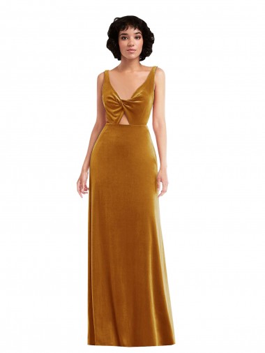 Sleeveless V-Neck Stretch Velvet Gold Long Semi Formal Evening Dress / Prom Dress / Bridesmaid Dress Adelaide