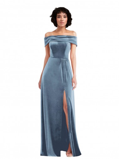 Sleeveless Off the Shoulder Stretch Velvet Dusty Blue Long Semi Formal Evening Dress / Prom Dress / Bridesmaid Dress Adelaide