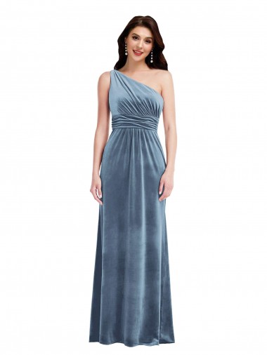 Sleeveless Off the Shoulder Stretch Velvet Dusty Blue Long Bridesmaid Dress / Evening Dress Adelaide