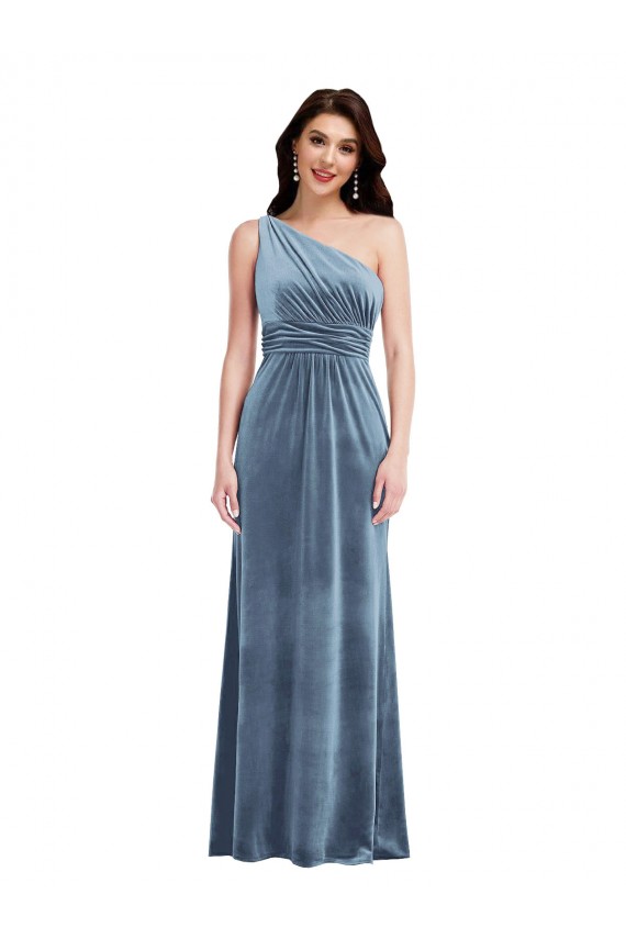 Sleeveless Off the Shoulder Stretch Velvet Dusty Blue Long Bridesmaid Dress / Evening Dress Adelaide