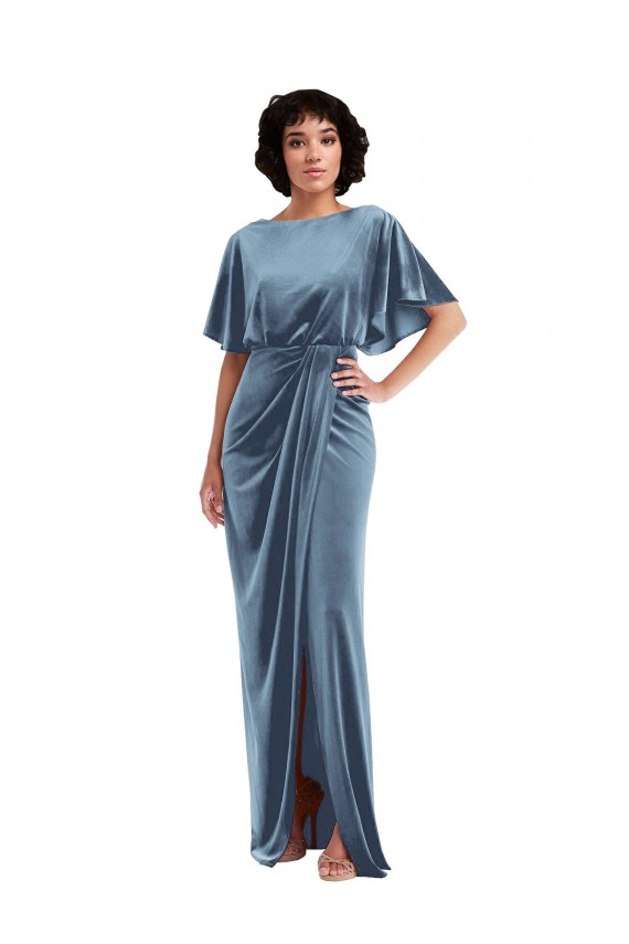 Flutter Sleeves Stretch Velvet Dusty Blue Long Semi Formal Evening Dress / Prom Dress / Bridesmaid Dress Adelaide