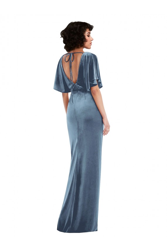 Flutter Sleeves Stretch Velvet Dusty Blue Long Semi Formal Evening Dress / Prom Dress / Bridesmaid Dress Adelaide