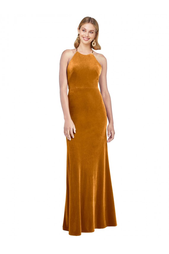 Sleeveless High Neck Stretch Velvet Gold Long Formal Evening Gown / Prom Dress / Bridesmaid Dress Adelaide