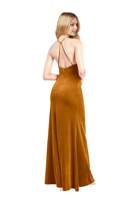 Sleeveless High Neck Stretch Velvet Gold Long Formal Evening Gown / Prom Dress / Bridesmaid Dress Adelaide