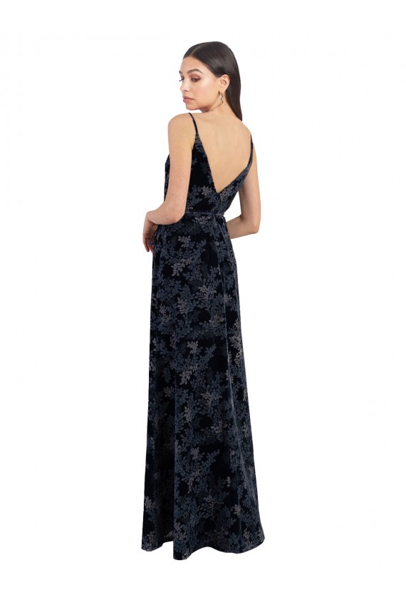 Sleeveless V-Neck Floral Velvet & Stretch Velvet Dark Navy Long Bridesmaid Dress Adelaide