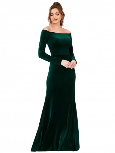 Long Sleeves Off the Shoulder Stretch Velvet Dark Green Long Formal Evening Gown / Prom Dress / Bridesmaid Dress Adelaide