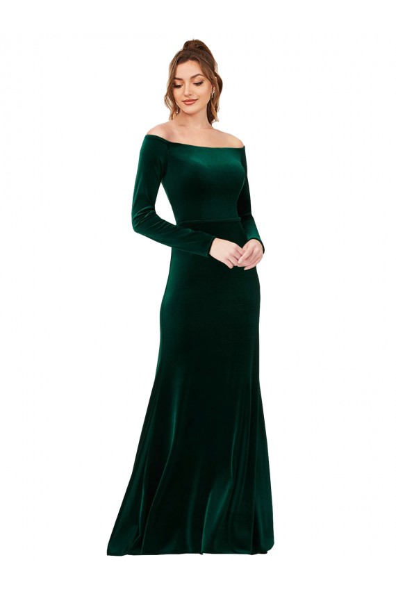 Long Sleeves Off the Shoulder Stretch Velvet Dark Green Long Formal Evening Gown / Prom Dress / Bridesmaid Dress Adelaide