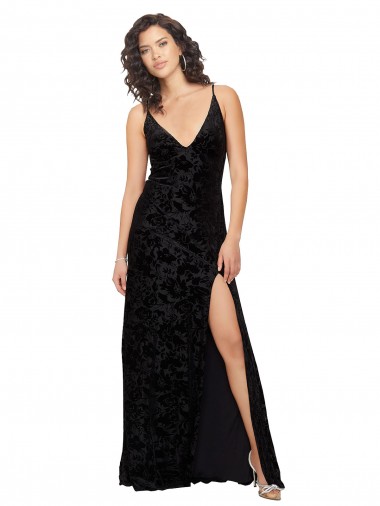 Sleeveless V-Neck Floral Velvet & Stretch Velvet Black Long Bridesmaid Dress Adelaide