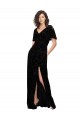 Short Split Sleeves V-Neck Floral Velvet & Stretch Velvet Black Long Bridesmaid Dress Adelaide