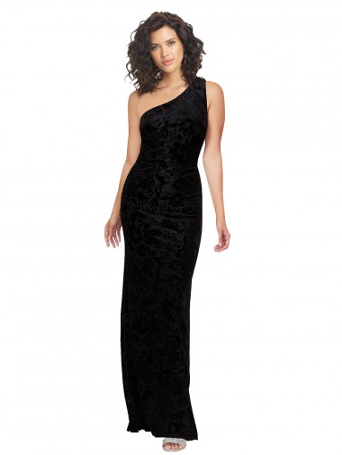 Sleeveless One Shoulder Floral Velvet & Stretch Velvet Black Long Bridesmaid Dresses Adelaide
