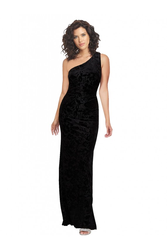Sleeveless One Shoulder Floral Velvet & Stretch Velvet Black Long Bridesmaid Dresses Adelaide