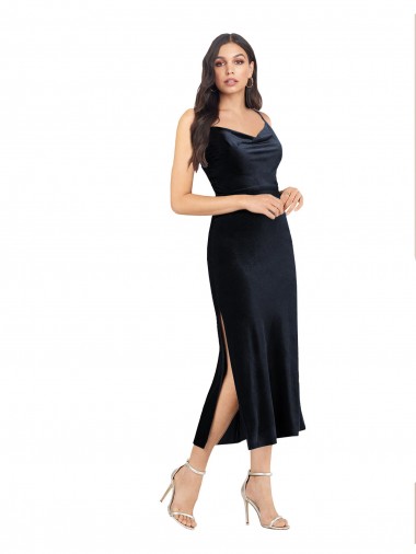 Sleeveless Cowl Neck Stretch Velvet Dark Navy Midi Length Formal Evening Gown / Prom Dress / Bridesmaid Dress Adelaide