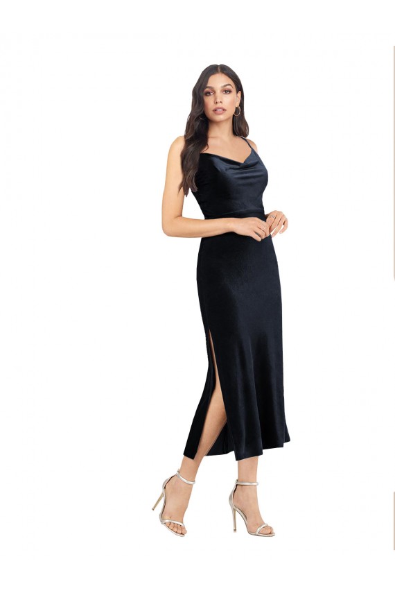 Sleeveless Cowl Neck Stretch Velvet Dark Navy Midi Length Formal Evening Gown / Prom Dress / Bridesmaid Dress Adelaide