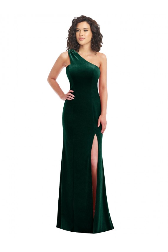 Sleeveless One Shoulder Stretch Velvet Dark Green Long Black Tie Prom Dress / Bridesmaid Dress Adelaide