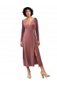 Long Sleeves V-Neck Stretch Velvet Cinnamon Rose Midi Length Black Tie Prom Dress / Bridesmaid Dress Adelaide