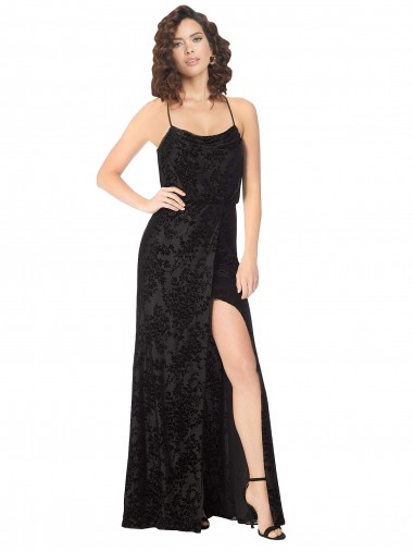 Sleeveless Cowl Neck Floral Velvet & Stretch Velvet Black Long Bridesmaid Dress Adelaide