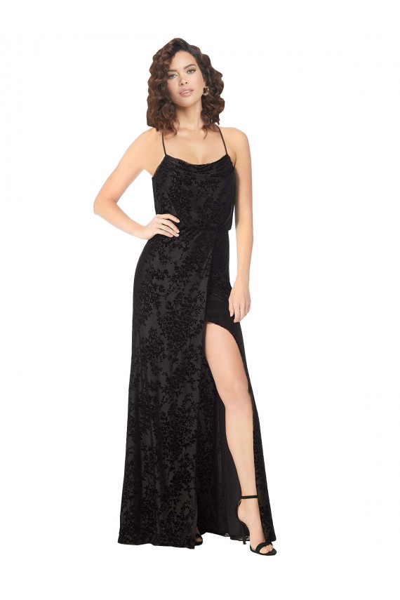 Sleeveless Cowl Neck Floral Velvet & Stretch Velvet Black Long Bridesmaid Dress Adelaide