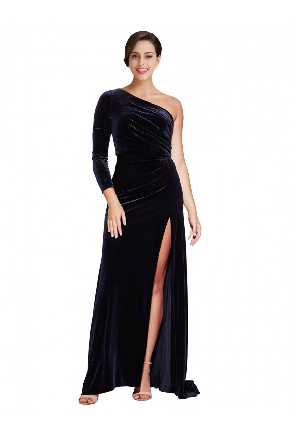 Long Sleeves One Shoulder Stretch Velvet Dark Navy Sweep Train Formal Evening Gown / Prom Dress / Bridesmaid Dress Adelaide