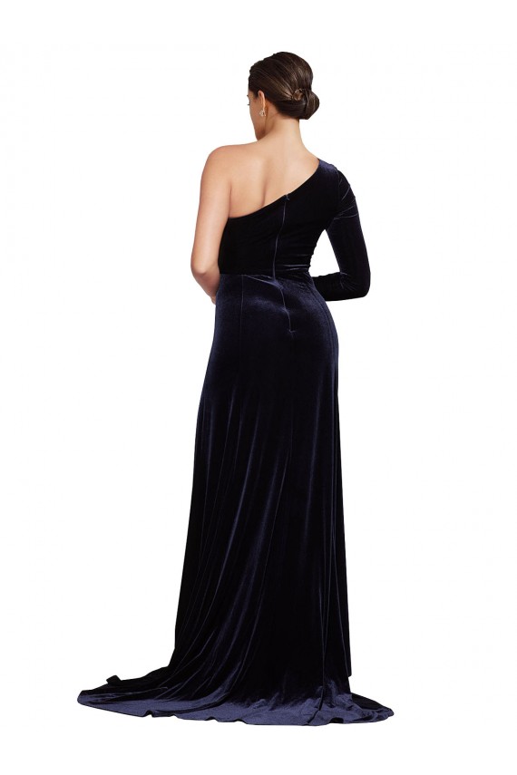 Long Sleeves One Shoulder Stretch Velvet Dark Navy Sweep Train Formal Evening Gown / Prom Dress / Bridesmaid Dress Adelaide