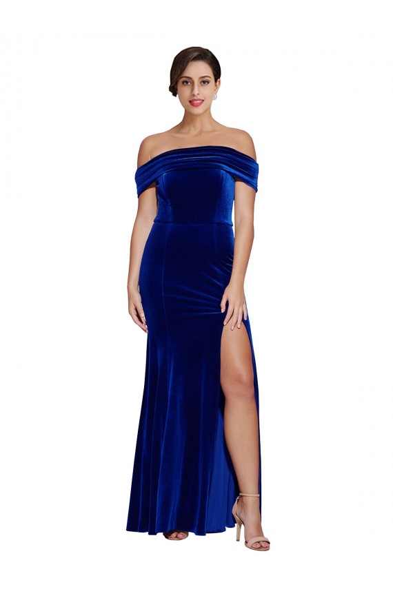 Sleeveless Off the Shoulder Stretch Velvet Royal Blue Long Formal Evening Gown / Prom Dress / Bridesmaid Dress Adelaide