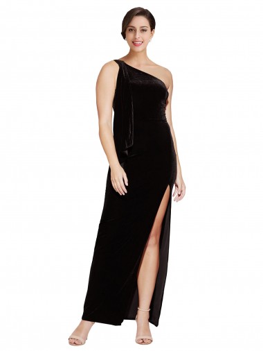 Sleeveless One Shoulder Stretch Velvet Black Long Formal Evening Gown / Prom Dress / Bridesmaid Dress Adelaide