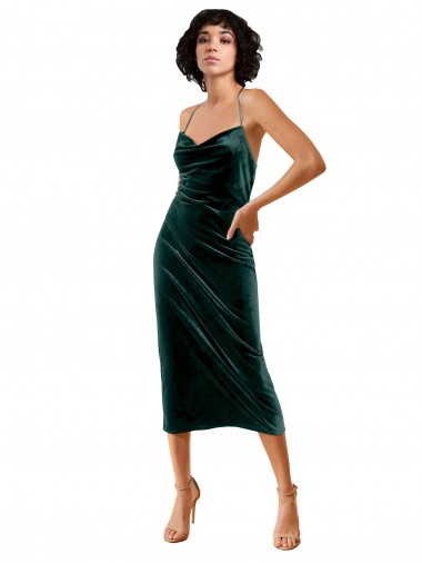 Sleeveless Cowl Neck Stretch Velvet Dark Green Midi Length Formal Dress / Bridesmaid Dress Adelaide