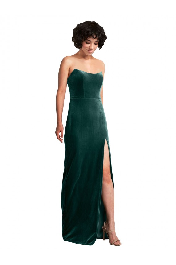 Sleeveless Strapless Stretch Velvet Dark Green Long Black Tie Evening Gown / Prom Dress / Bridesmaid Dress Adelaide