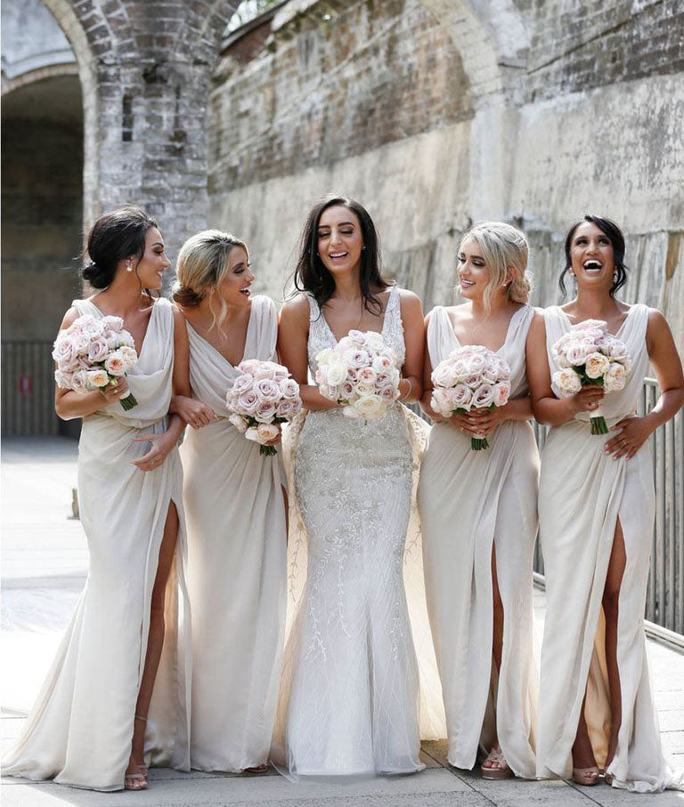 Full Length Luxe Chiffon Long Champagne bridesmaid dresses Adelaide with Sexy High Slit and Front Ruffles