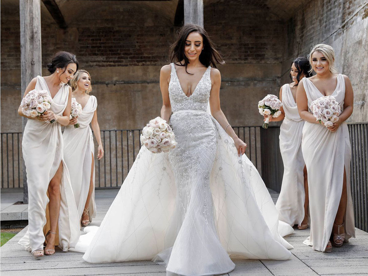 Full Length Luxe Chiffon Long Champagne bridesmaid dresses Adelaide with Sexy High Slit and Front Ruffles