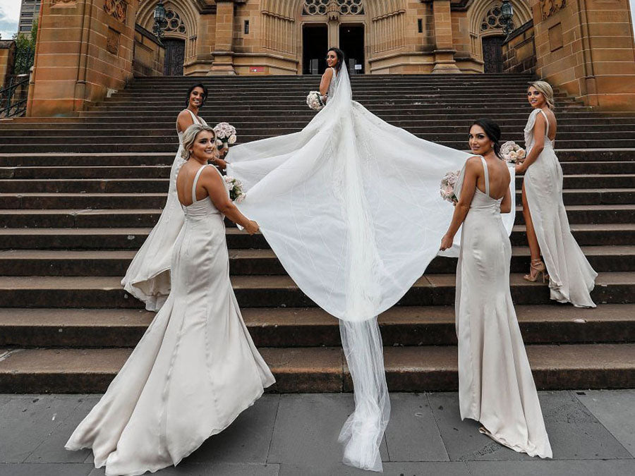 Full Length Luxe Chiffon Long Champagne bridesmaid dresses Adelaide with Sexy High Slit and Front Ruffles
