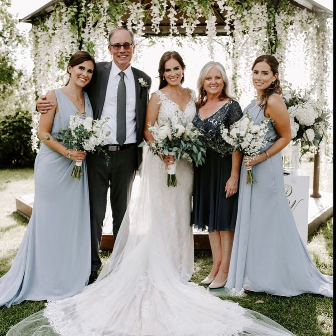 Dusty Blue Full Length Luxe Chiffon Long Champagne bridesmaid dresses Adelaide with Sexy High Slit and Front Ruffles