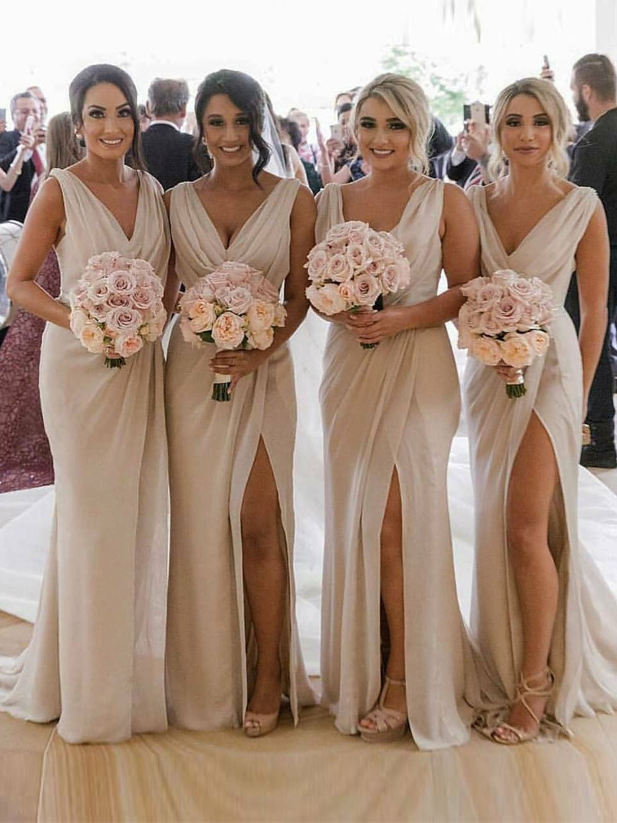 Champagne Full Length Luxe Chiffon Long Champagne bridesmaid dresses Adelaide with Sexy High Slit and Front Ruffles